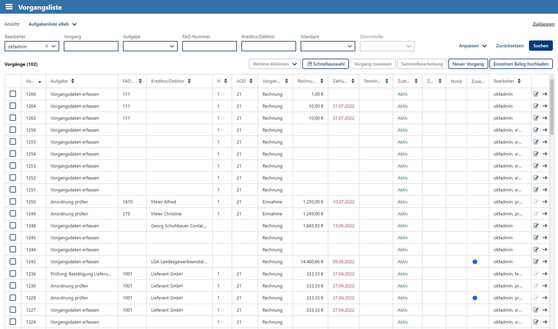Screenshot der Vorgangsliste der Bewirtschaftung in OK.FINN